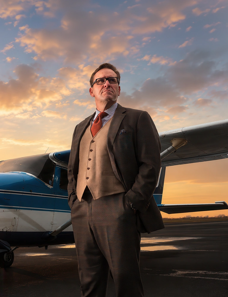 Cinematic portrait beside a blue aircraft